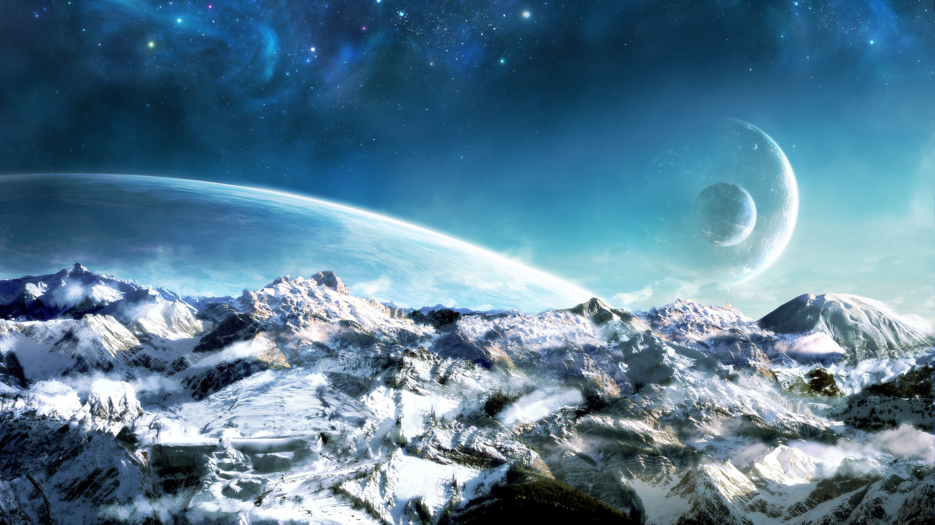 Обои пейзаж, космическое пространство, природа, атмосфера, горный хребет в разрешении 1920x1080