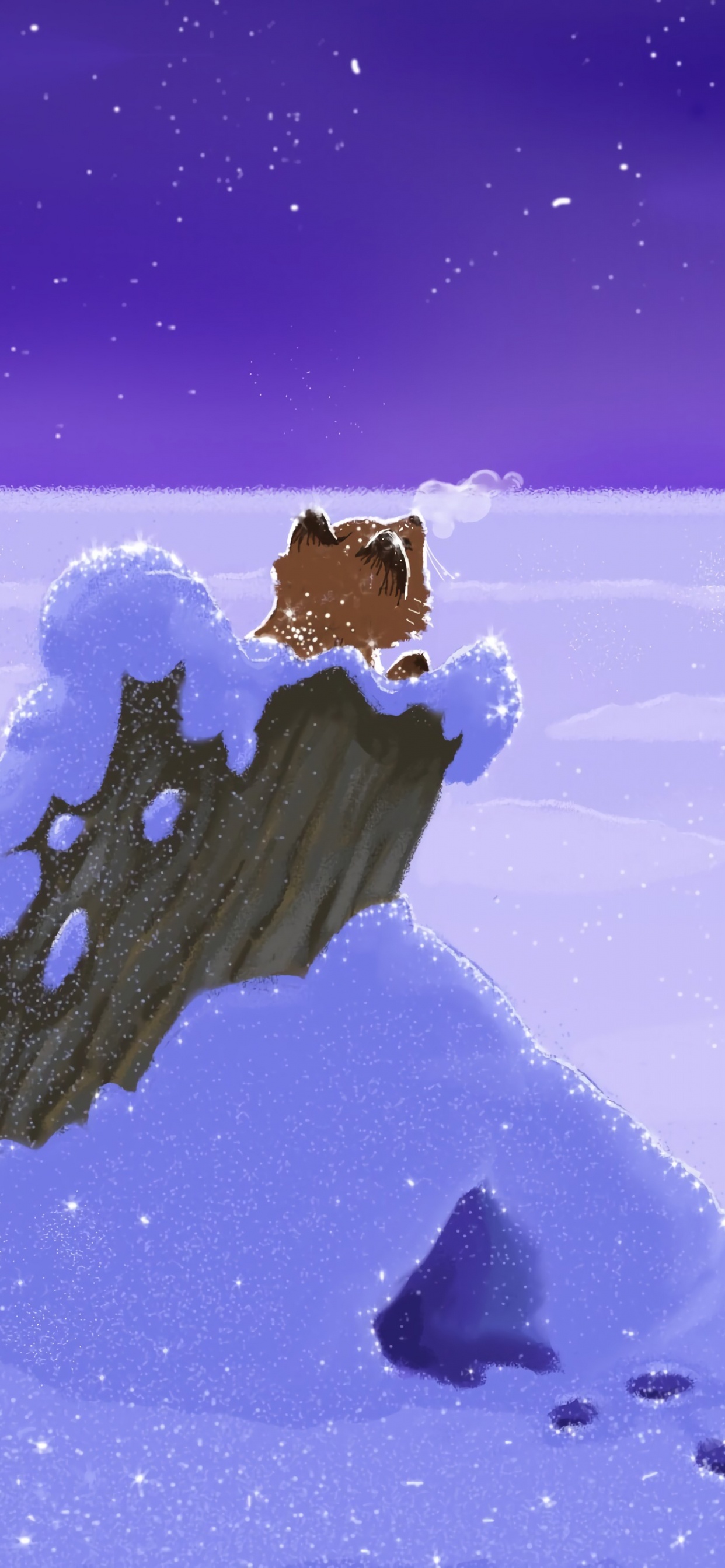 Обои небо, зима, лиса, волк, анимация в разрешении 1242x2688