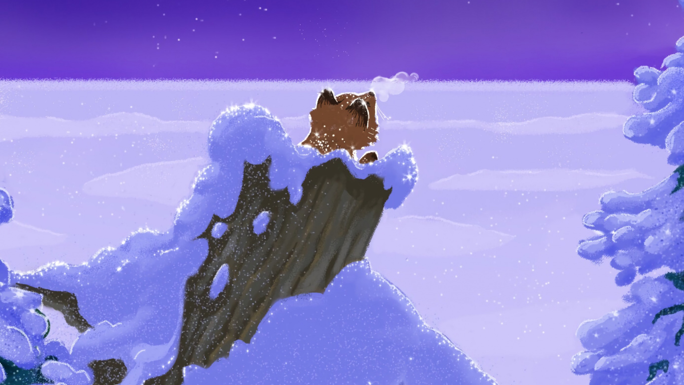 Обои небо, зима, лиса, волк, анимация в разрешении 1366x768