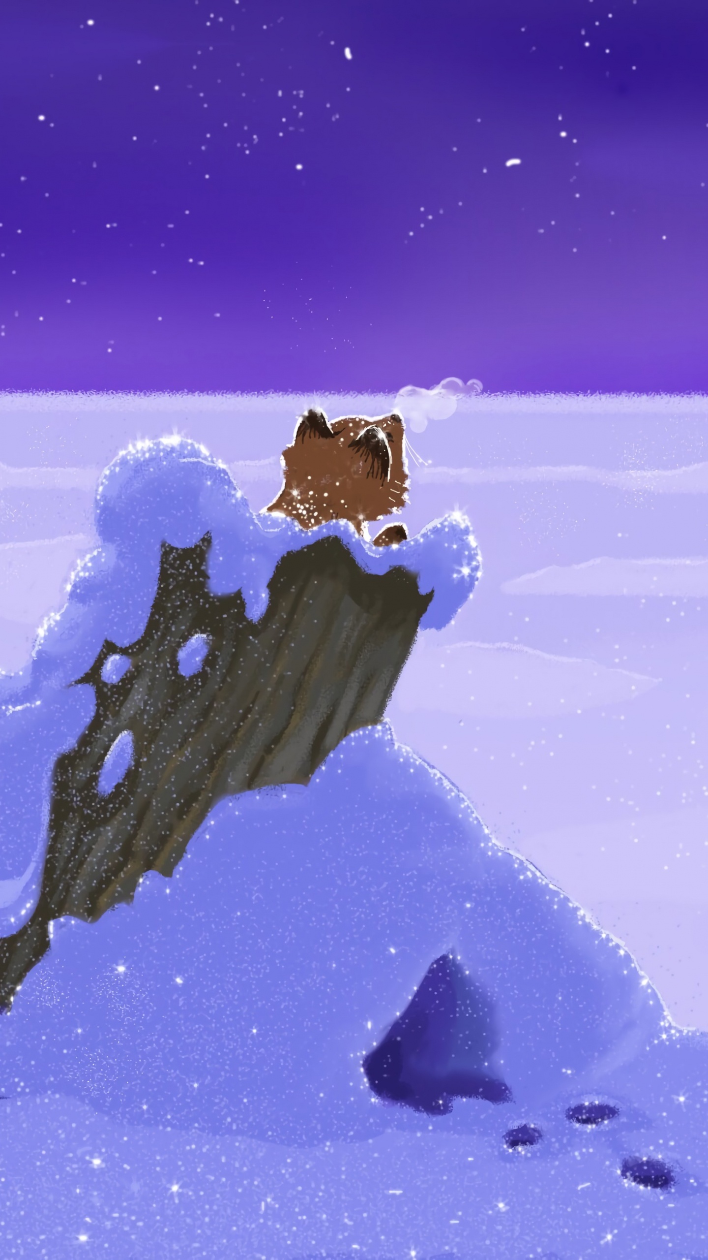 Обои небо, зима, лиса, волк, анимация в разрешении 1440x2560