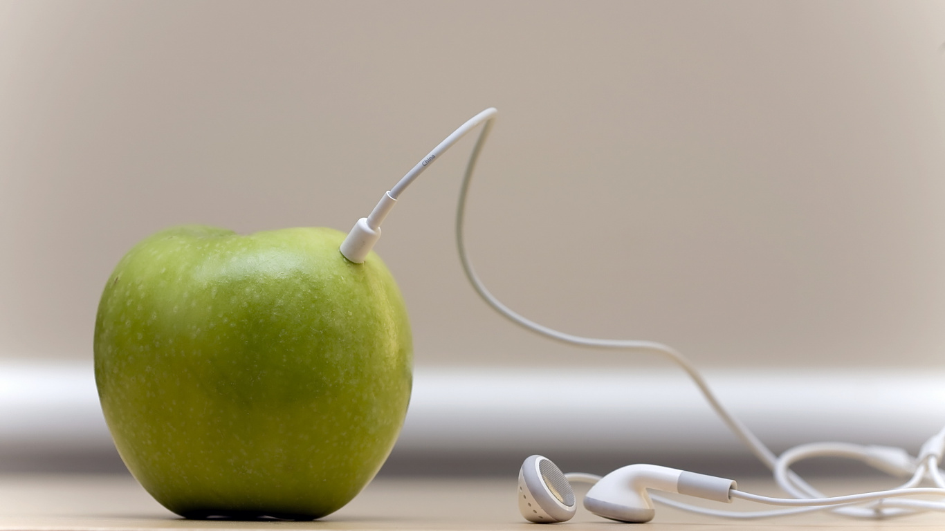 Обои apple, наушники Apple, наушники, фрукты, пища в разрешении 1366x768