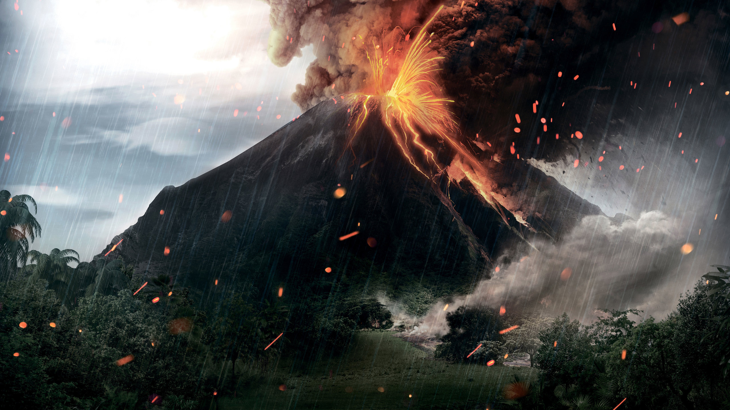 Обои парк юрского периода, пейзаж, дым, гора, Мир Юрского Периода Эволюция в разрешении 2560x1440