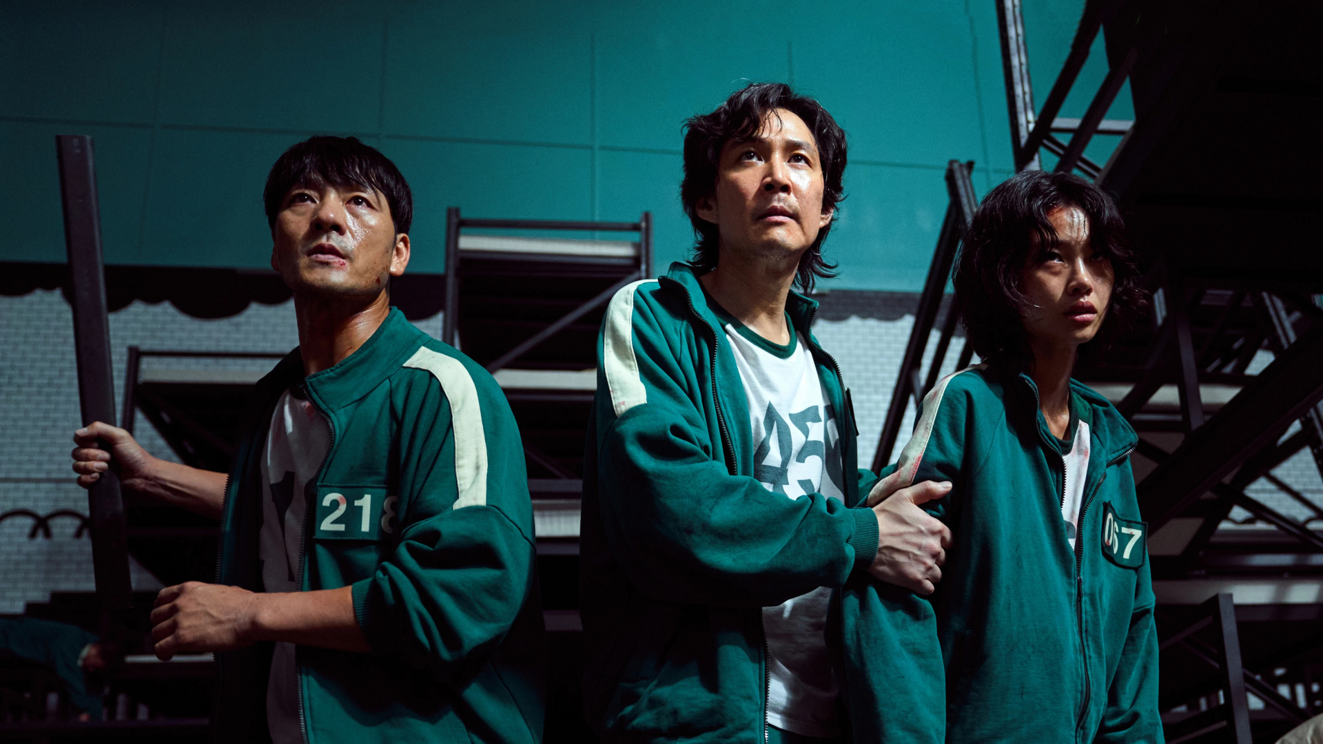 Обои игра в кальмара, Ли Чжон Чжэ, Сон Ги-Хун, Парк Хэ Су, Hoyeon Young в разрешении 1920x1080