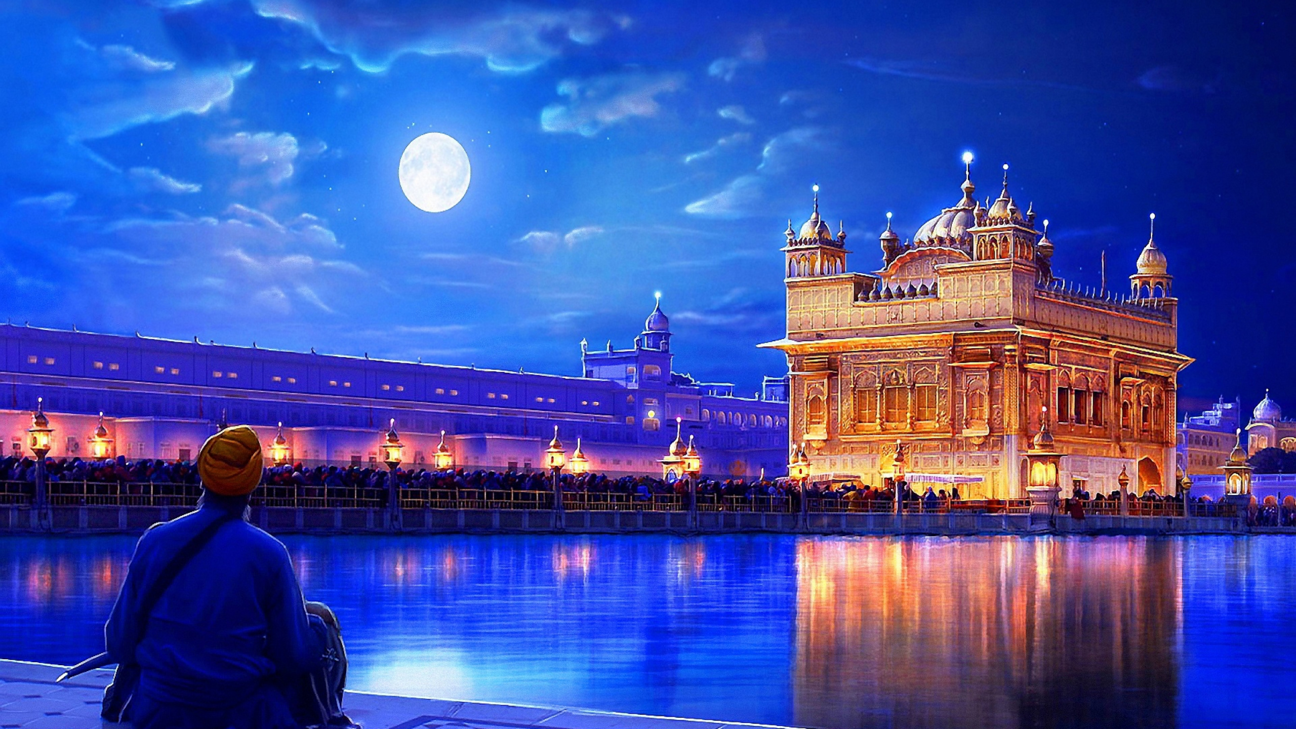 Обои золотой храм, синий, ориентир, ночь, отражение в разрешении 2560x1440