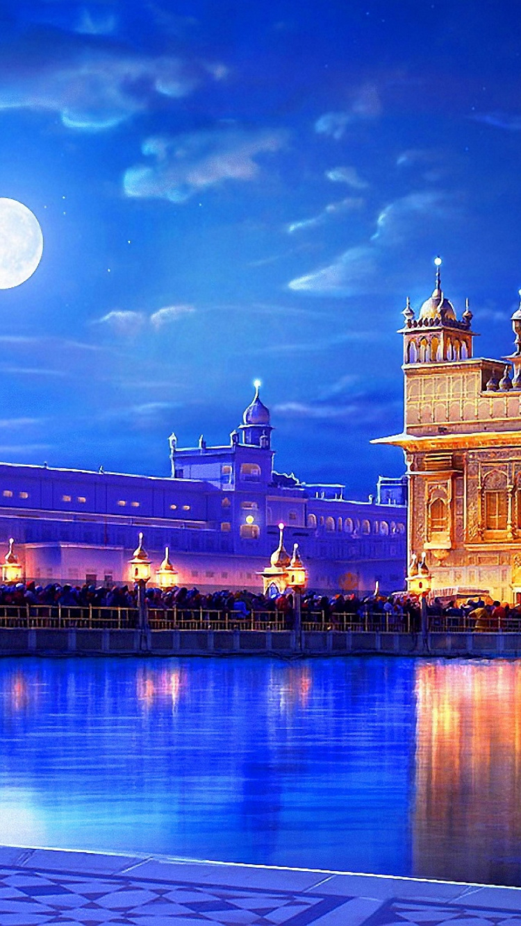 Обои золотой храм, синий, ориентир, ночь, отражение в разрешении 750x1334