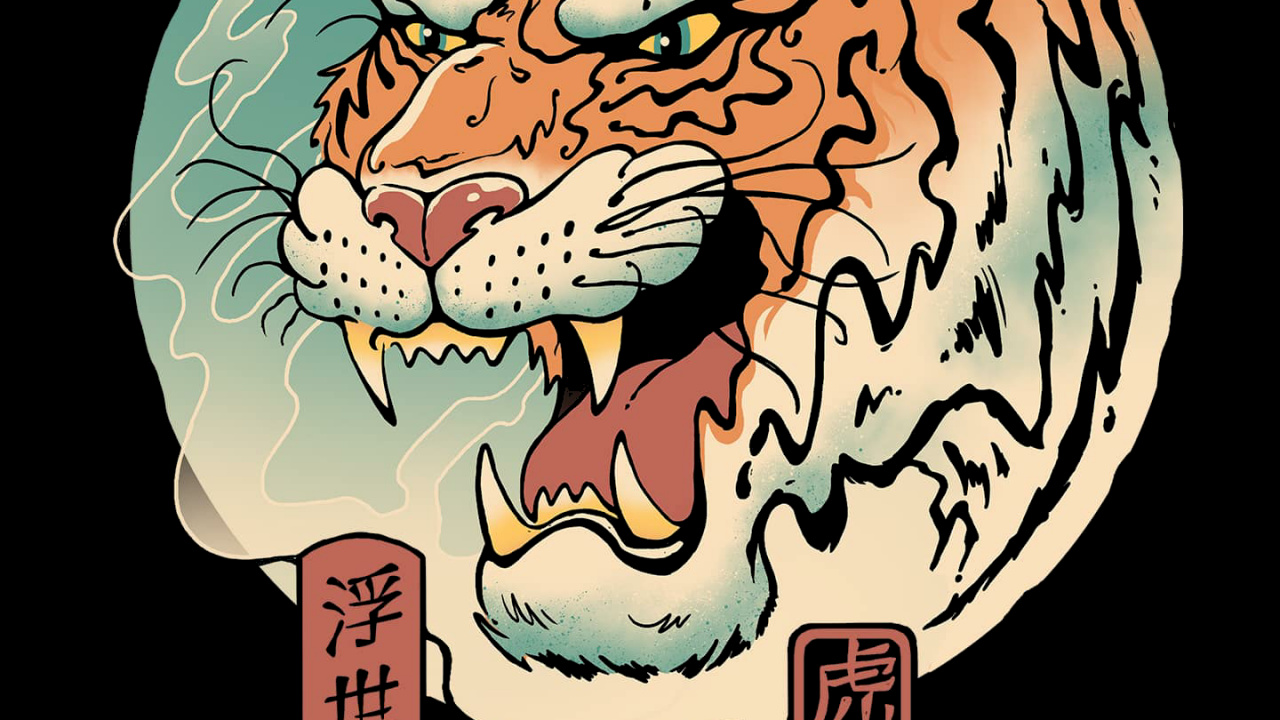 Обои тигр укиё э, футболка, Большая волна Канагава, тигр, укиё-э в разрешении 1280x720