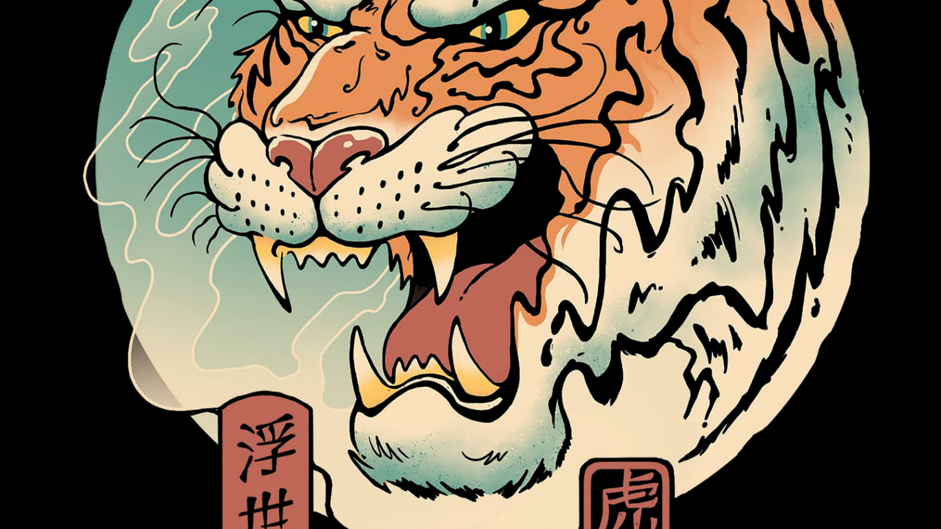 Обои тигр укиё э, футболка, Большая волна Канагава, тигр, укиё-э в разрешении 1366x768