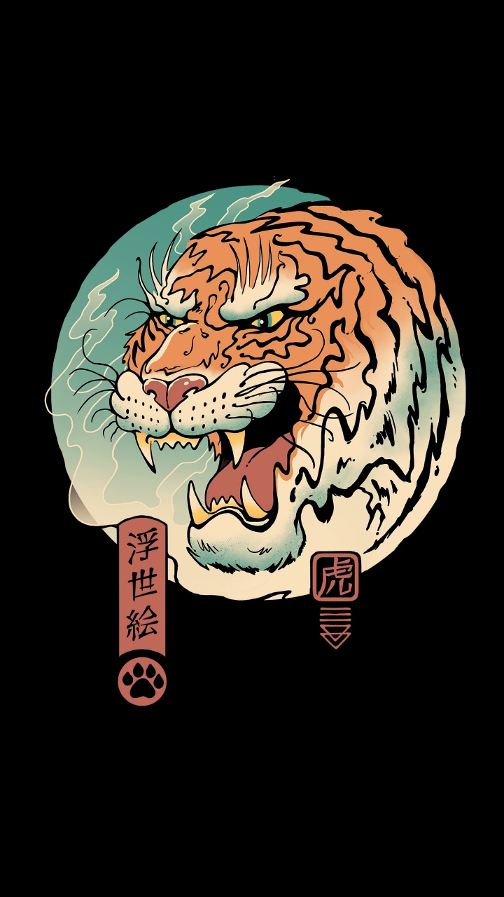 Обои тигр укиё э, футболка, Большая волна Канагава, тигр, укиё-э в разрешении 720x1280