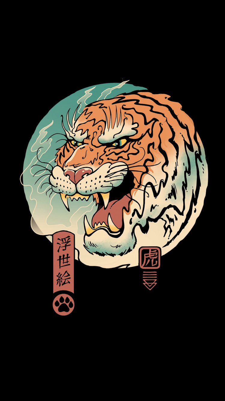 Обои тигр укиё э, футболка, Большая волна Канагава, тигр, укиё-э в разрешении 750x1334