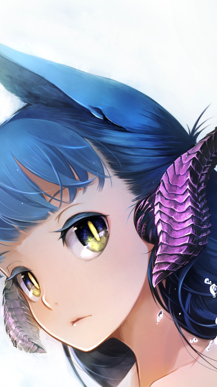 Обои аниме, синие волосы, мультфильм, иллюстрация, ухо в разрешении 750x1334