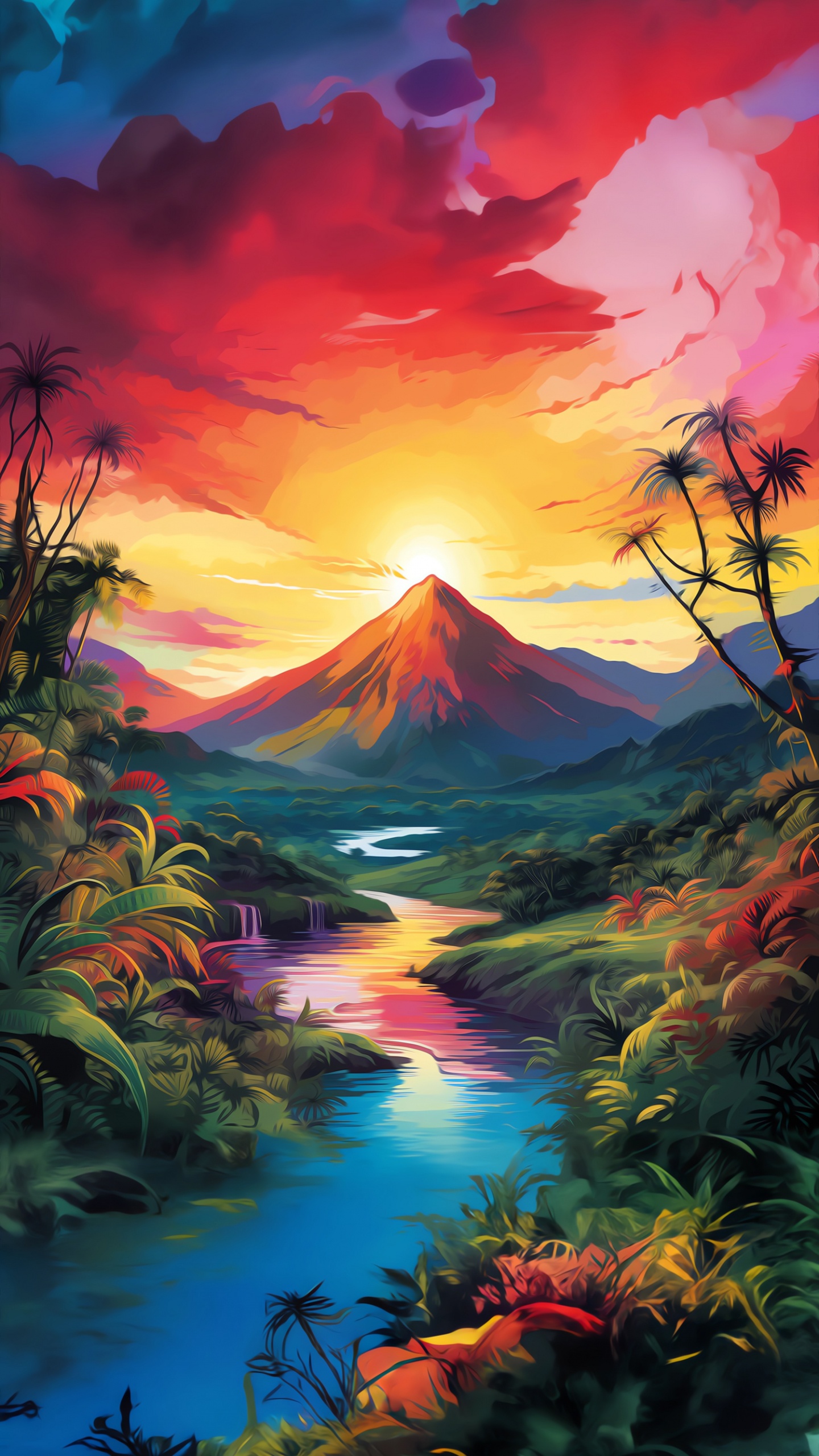 Обои солнечный свет, живопись, визуальное искусство, рисование, гора в разрешении 1440x2560