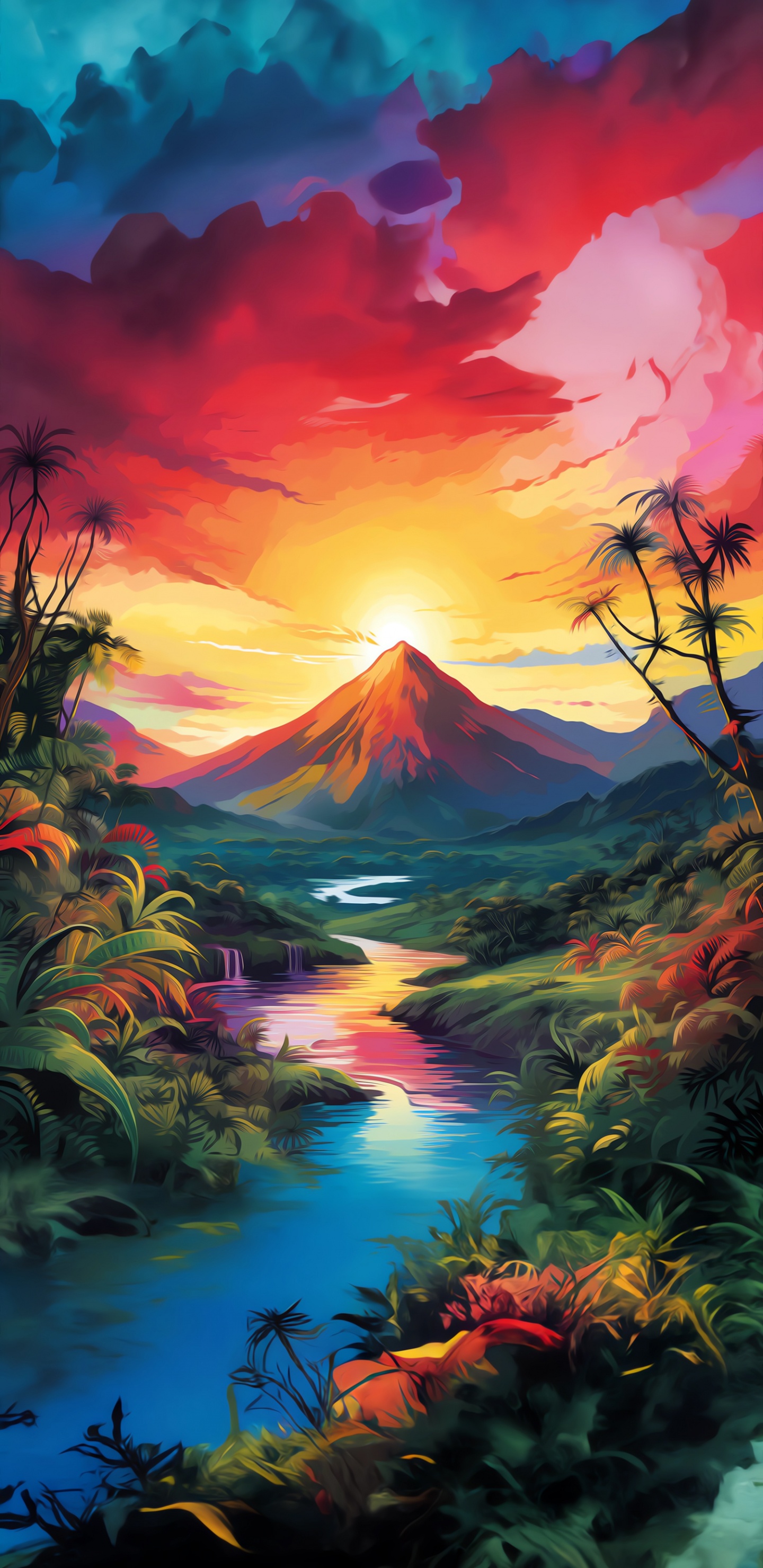 Обои солнечный свет, живопись, визуальное искусство, рисование, гора в разрешении 1440x2960