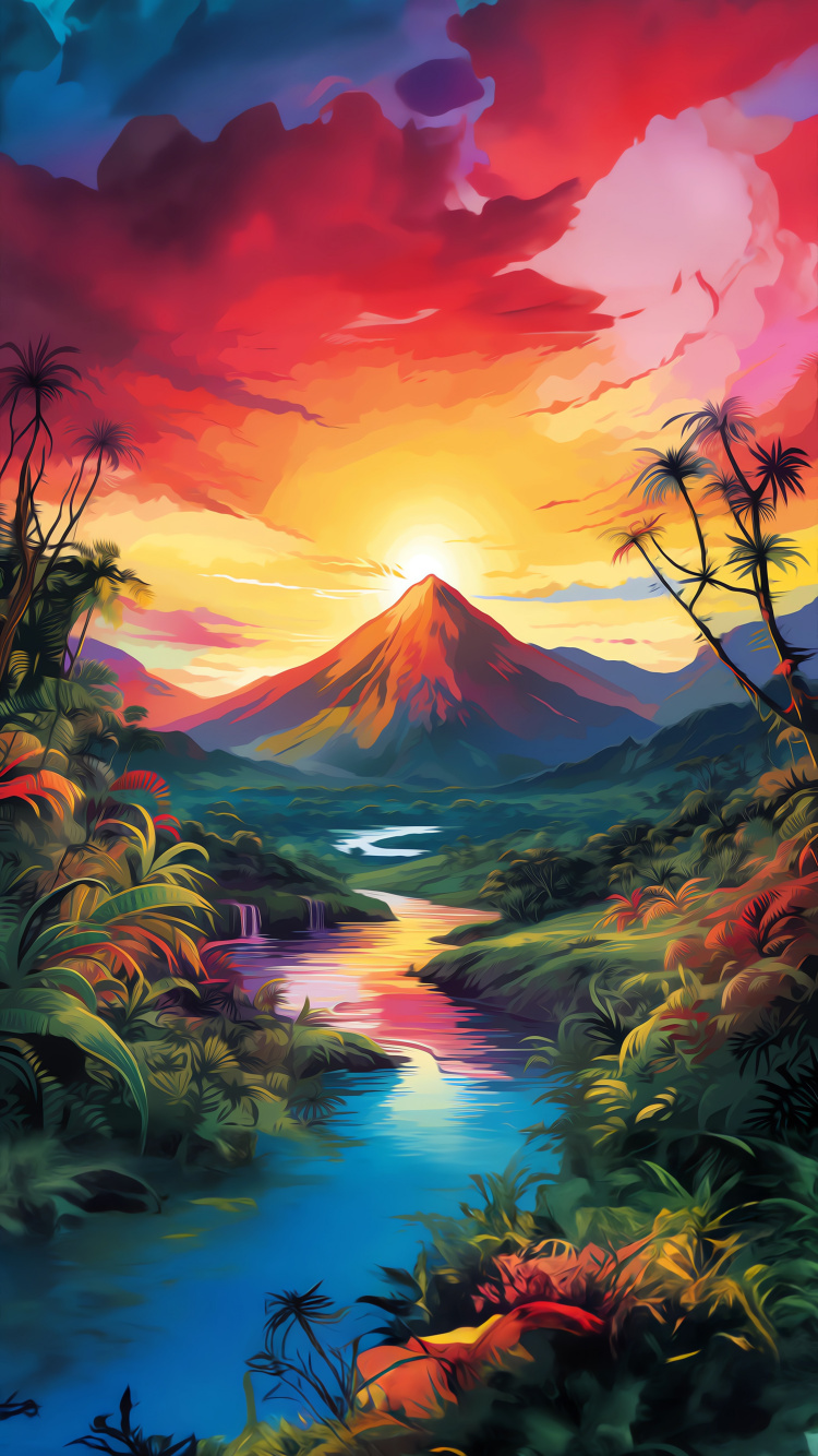 Обои солнечный свет, живопись, визуальное искусство, рисование, гора в разрешении 750x1334