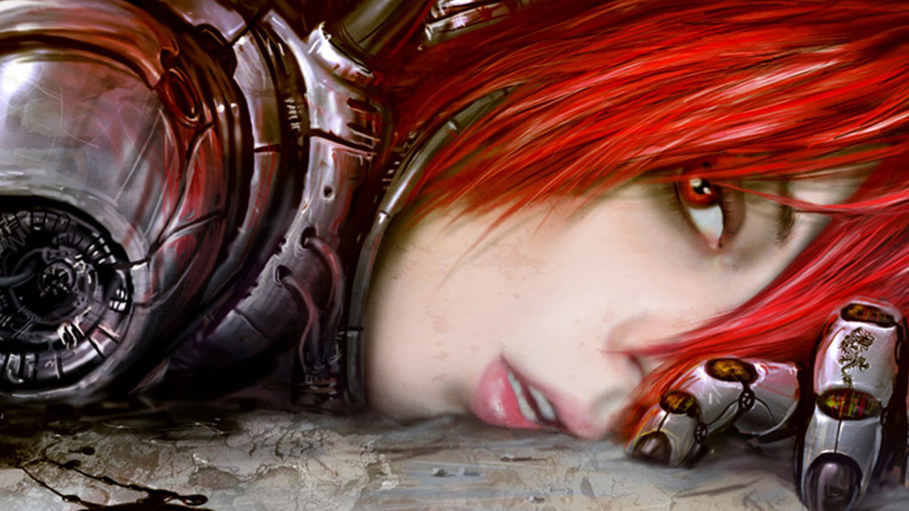 Обои робот, девушка, пальцы, женщина воин, рыжие волосы в разрешении 1280x720