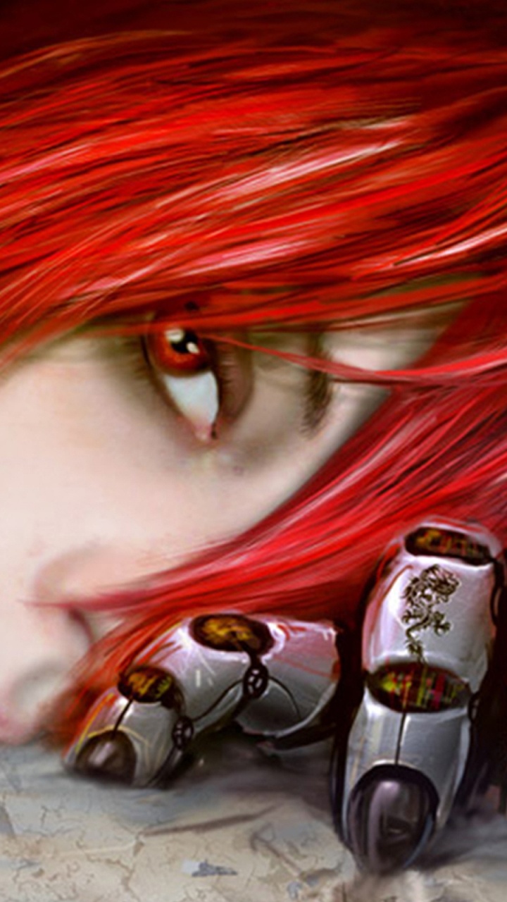 Обои робот, девушка, пальцы, женщина воин, рыжие волосы в разрешении 720x1280