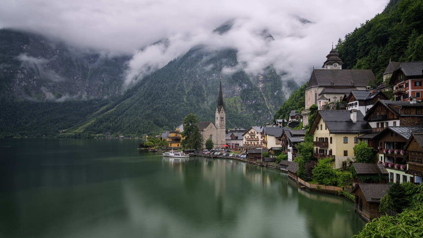 Обои гальштат, озеро, природа, горная деревня, гора в разрешении 1366x768