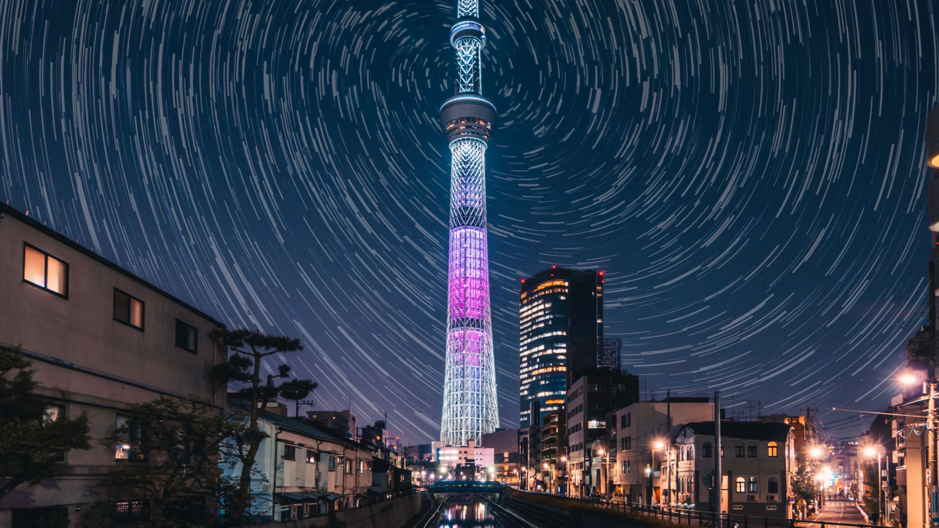 Обои вышка, ориентир, синий, ночь, пурпур в разрешении 1920x1080