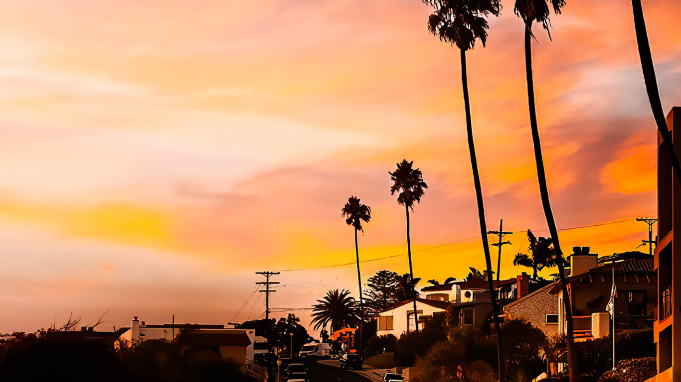 Обои рассвет, облако, легковые автомобили, автомобильное освещение, Оранжевый цвет в разрешении 1366x768