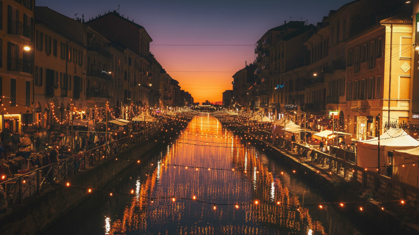 Обои ночь, водный путь, город, вечер, канал в разрешении 1366x768