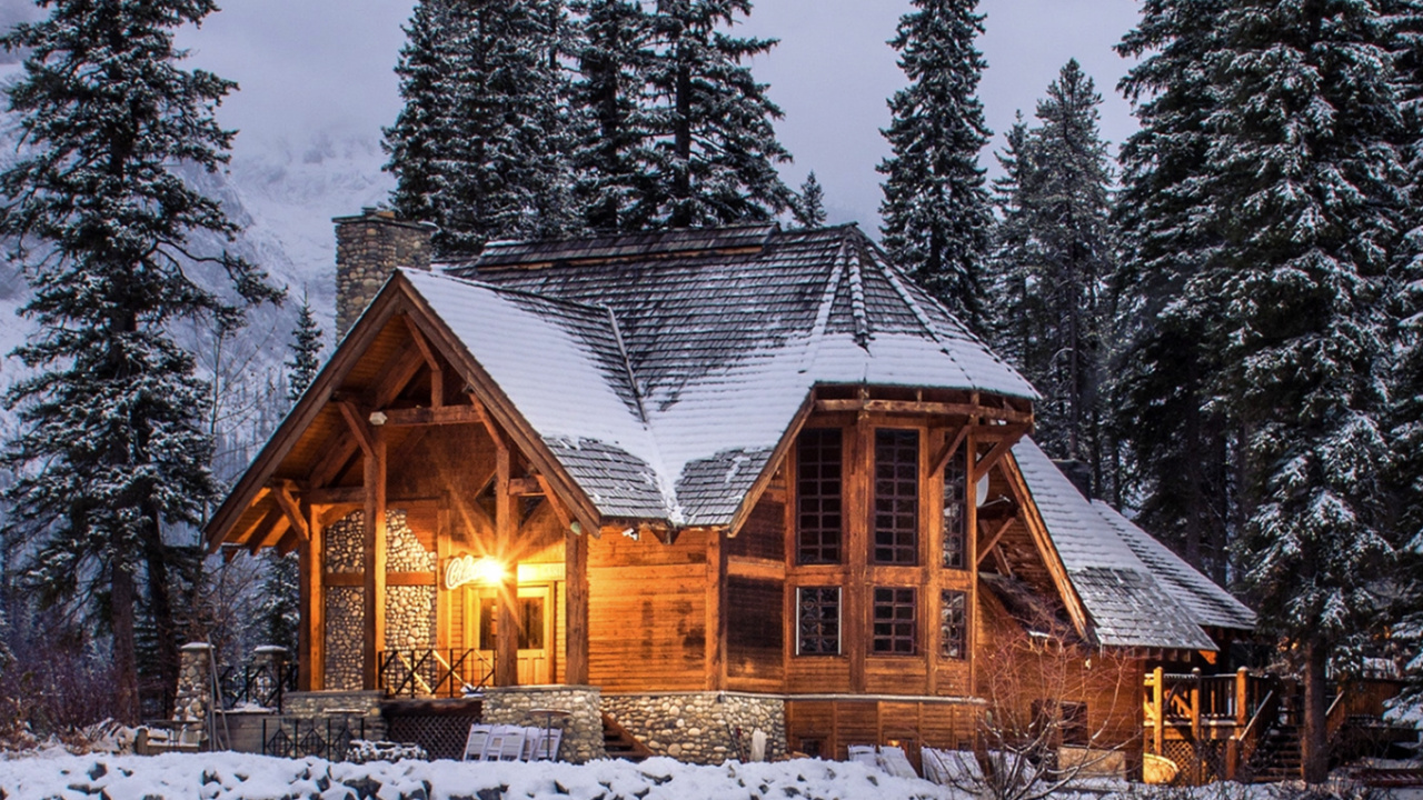 Обои зимний домик, зима, коттедж, бревенчатый домик, отпуск в разрешении 1280x720