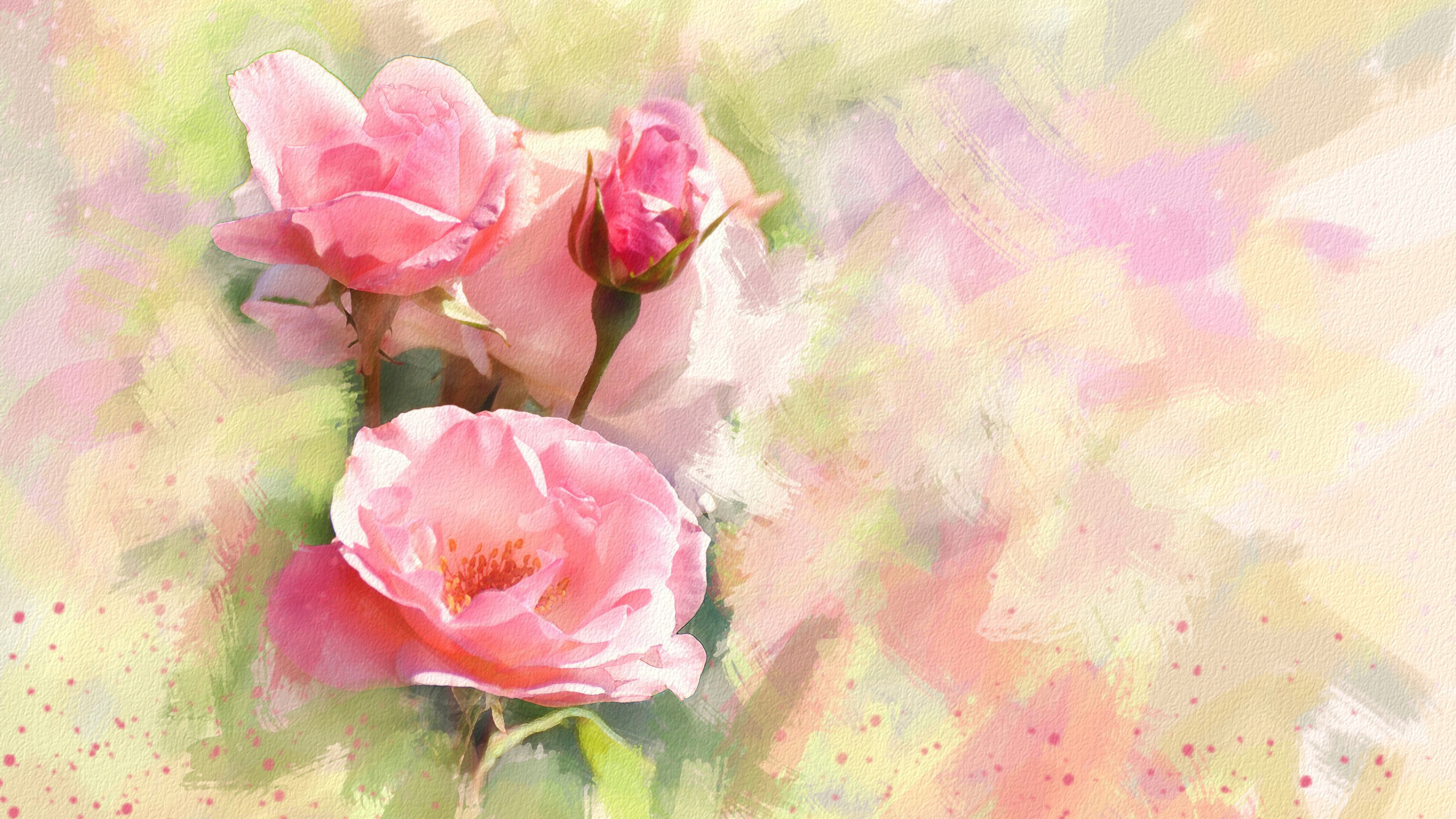Обои акварельная живопись, живопись, рисование, акварельные краски, сад роз в разрешении 2560x1440