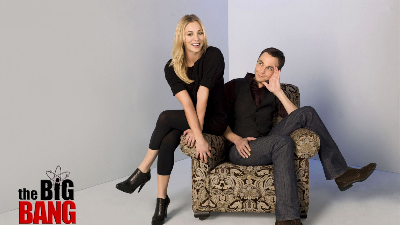 Обои Кейли Куоко, пенни, Шелдон Купер, Джим Парсонс, Леонард Хофстедер в разрешении 1366x768