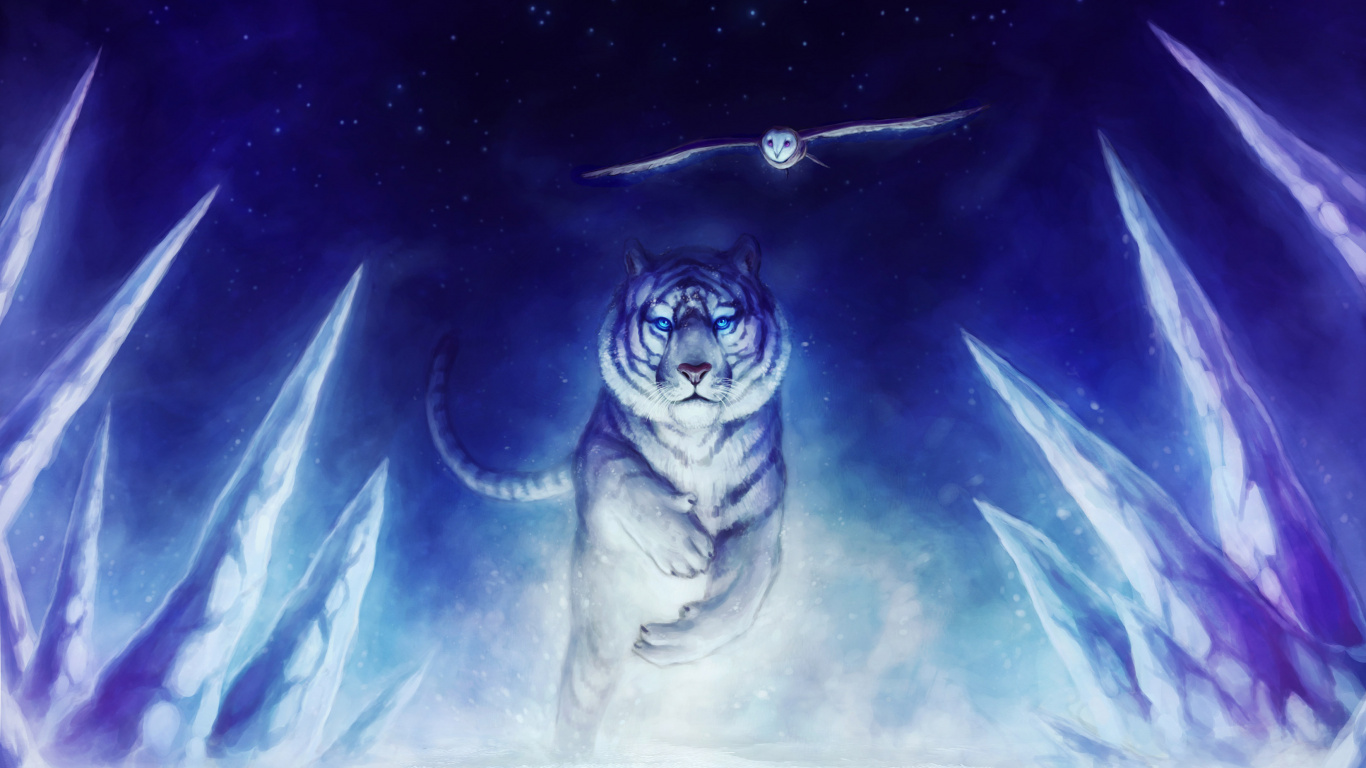 Обои Белый тигр, космос, темнота, иллюстрация, кошачьих в разрешении 1366x768