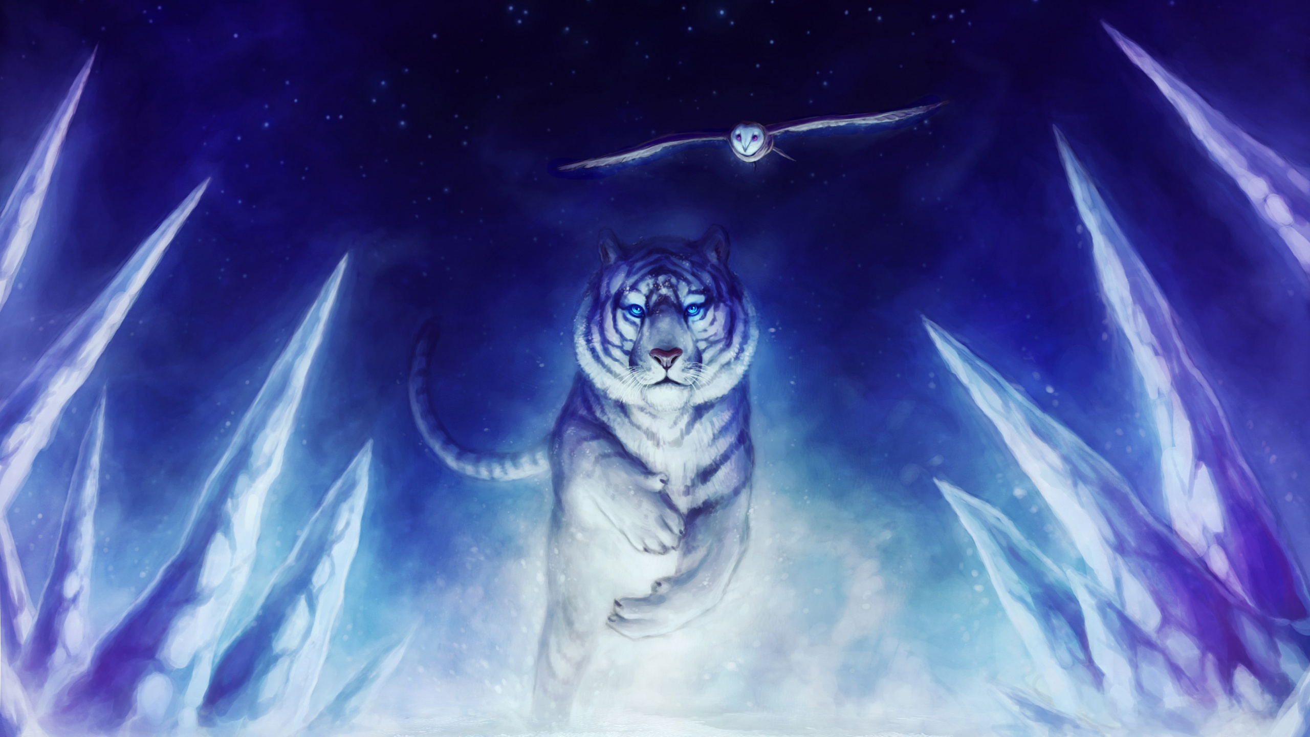 Обои Белый тигр, космос, темнота, иллюстрация, кошачьих в разрешении 2560x1440