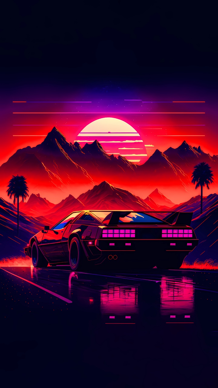 Обои легковые автомобили, атмосфера, гора, послесвечение, автомобильное освещение в разрешении 720x1280