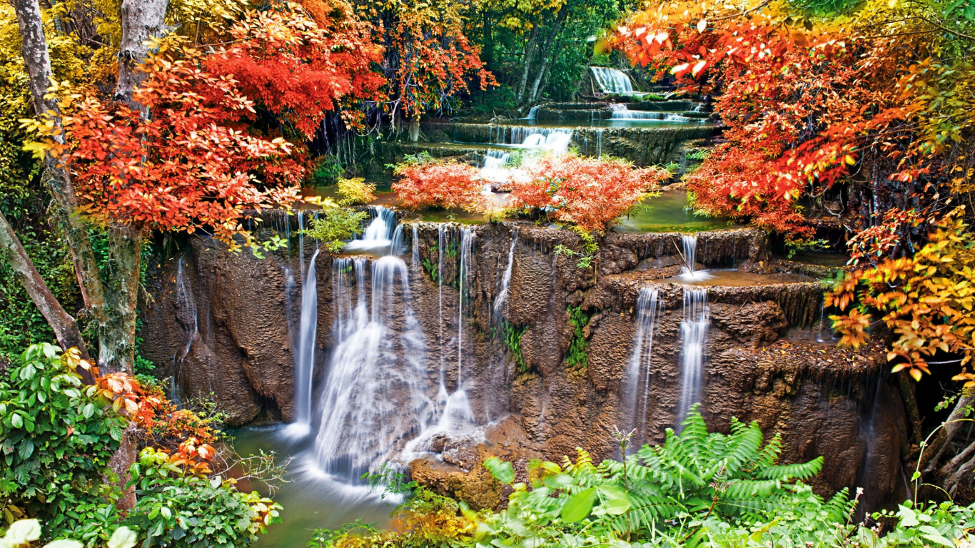 Обои водопад, водоем, природа, лист, осень в разрешении 1366x768