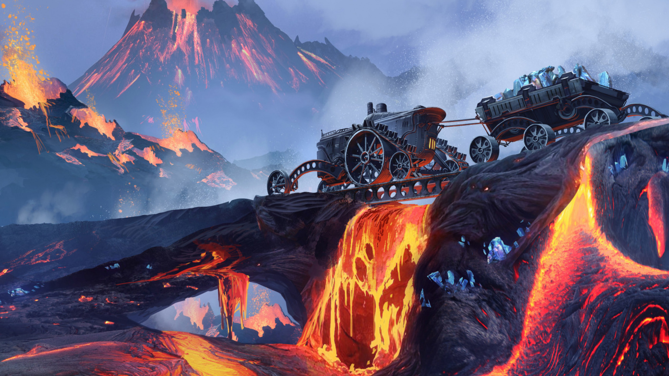 Обои лава, вулканического рельефа, вулкан, гора, артист в разрешении 1366x768