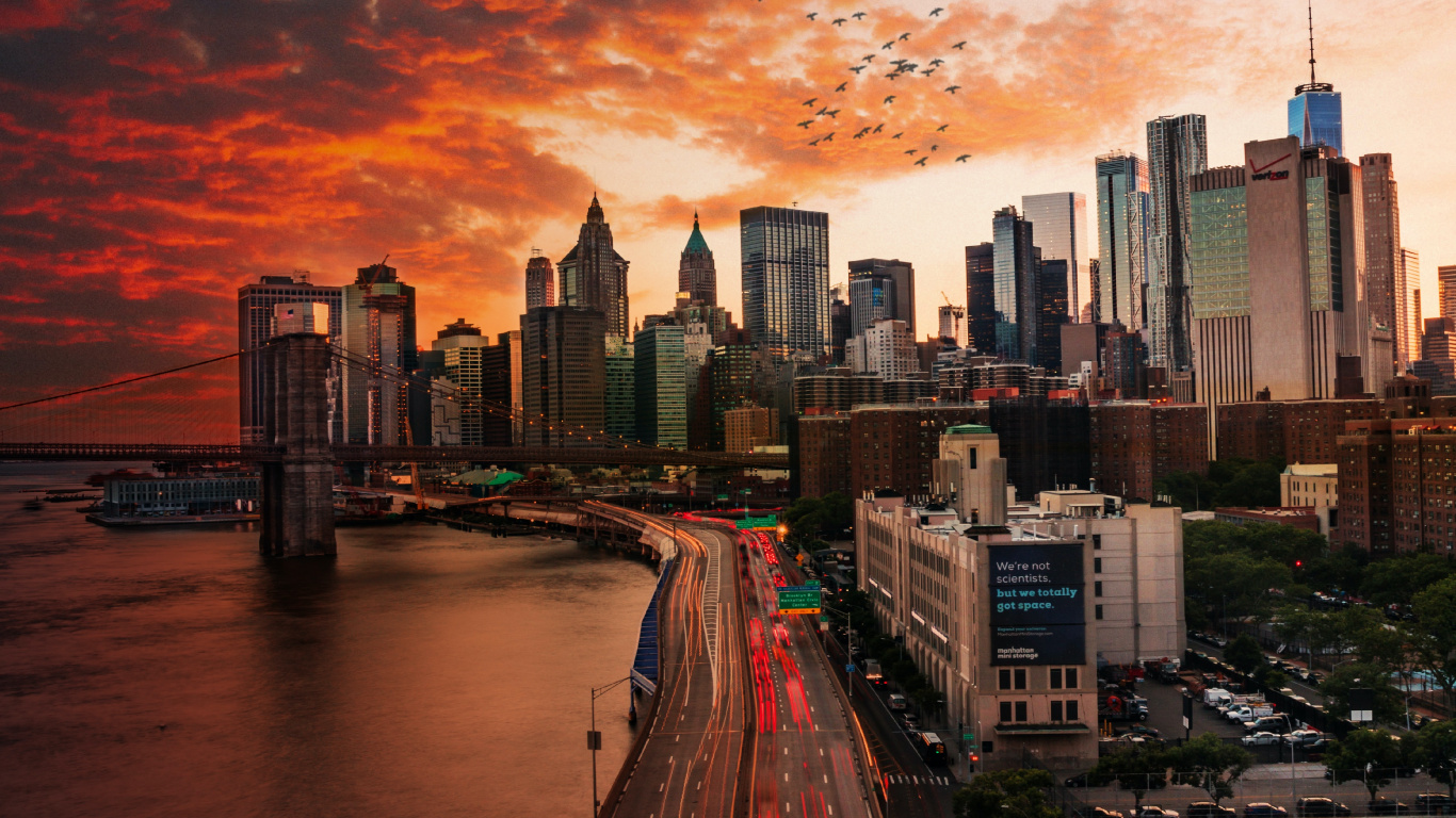 Обои Эмпайр Стейт Билдинг, Всемирный торговый центр 1, Крайслер-Билдинг, небоскреб, здание в разрешении 1366x768