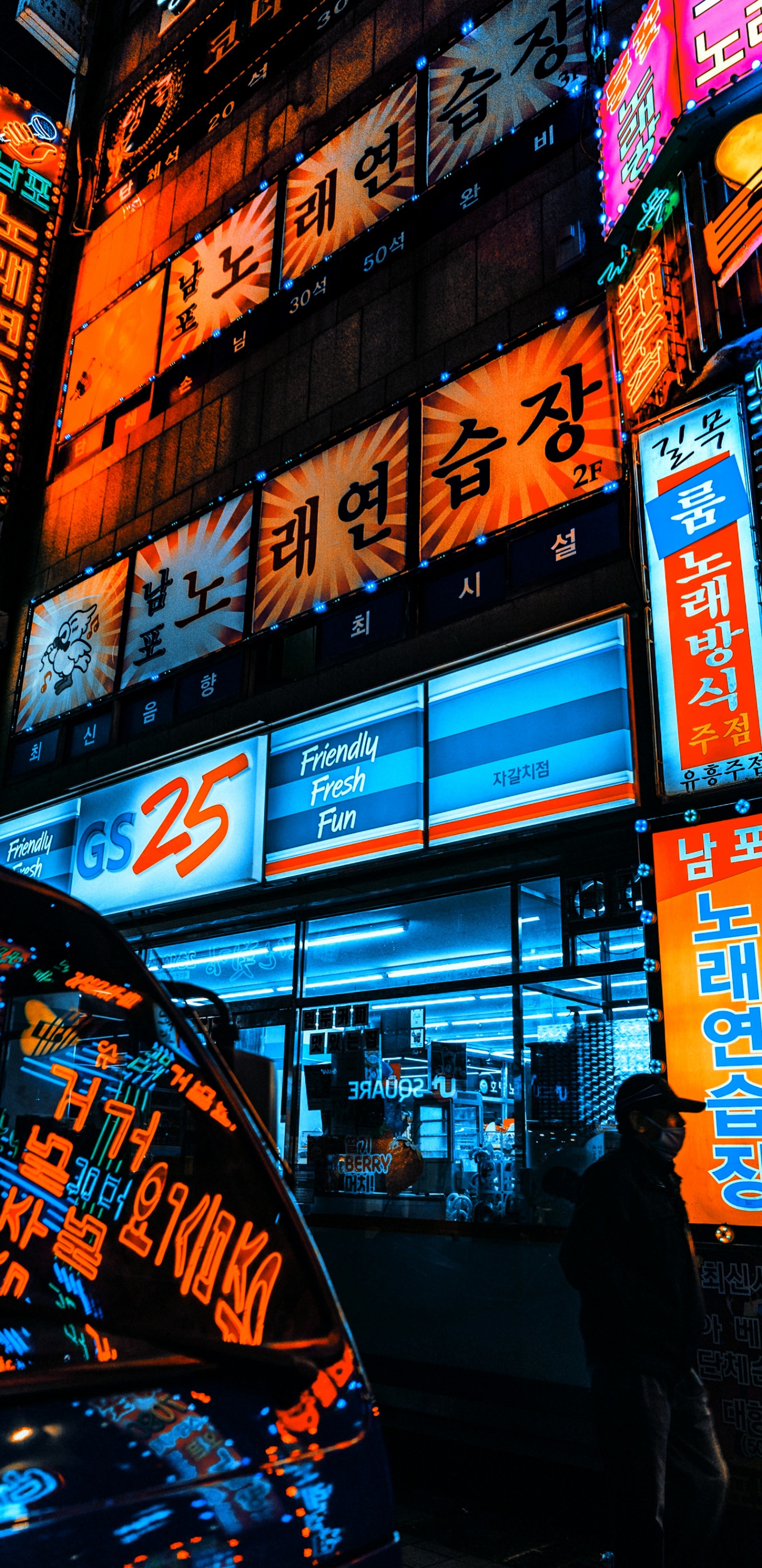 Обои освещение, здание, электронные табло, вывеска, Реклама в разрешении 1440x2960