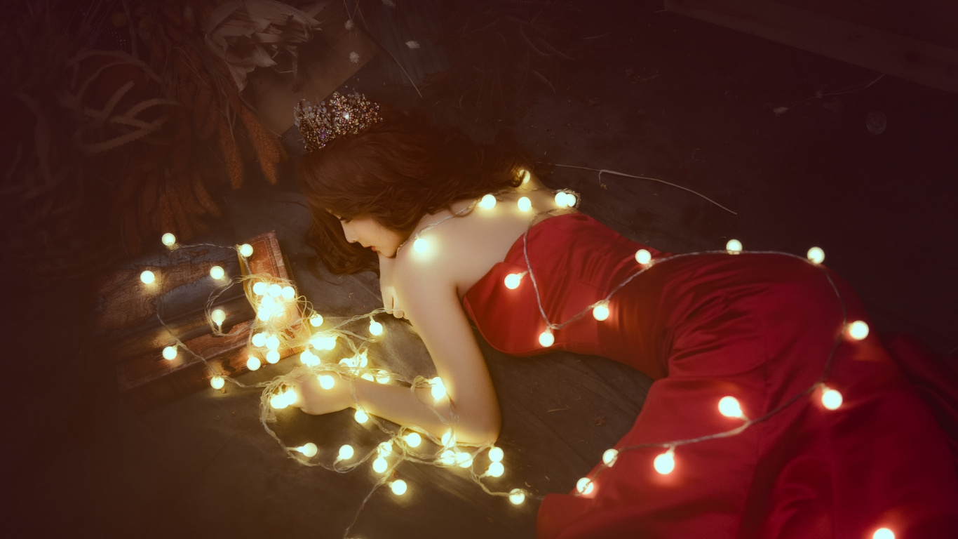 Обои гирлянда, красный цвет, свет, освещение, ночь в разрешении 1366x768