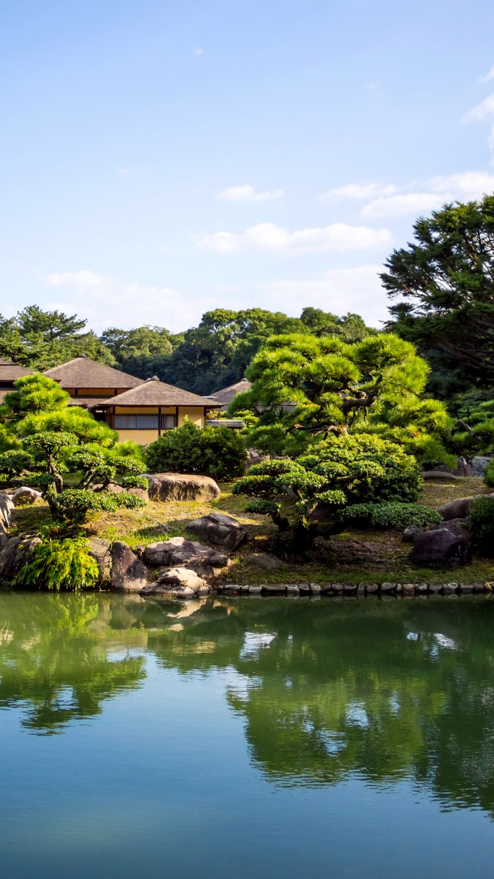 Обои Рицурин Сад, сад, дерево, садовый пруд, отражение в разрешении 720x1280
