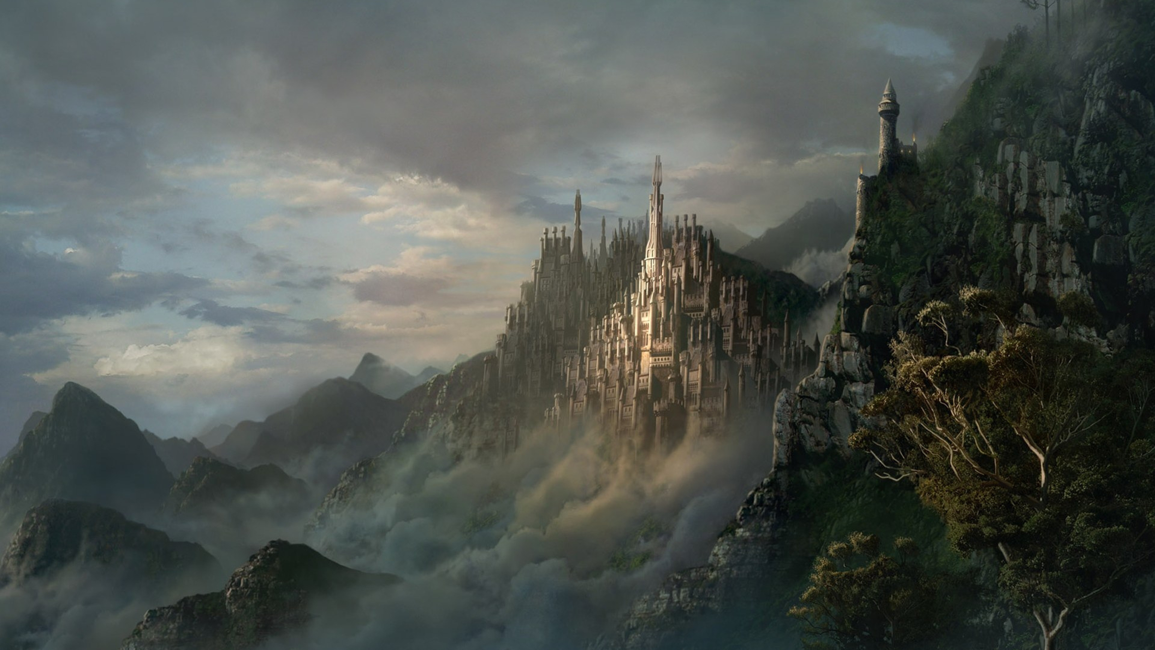 Обои замок, атмосфера, местность, темные фантазии, горный хребет в разрешении 3840x2160