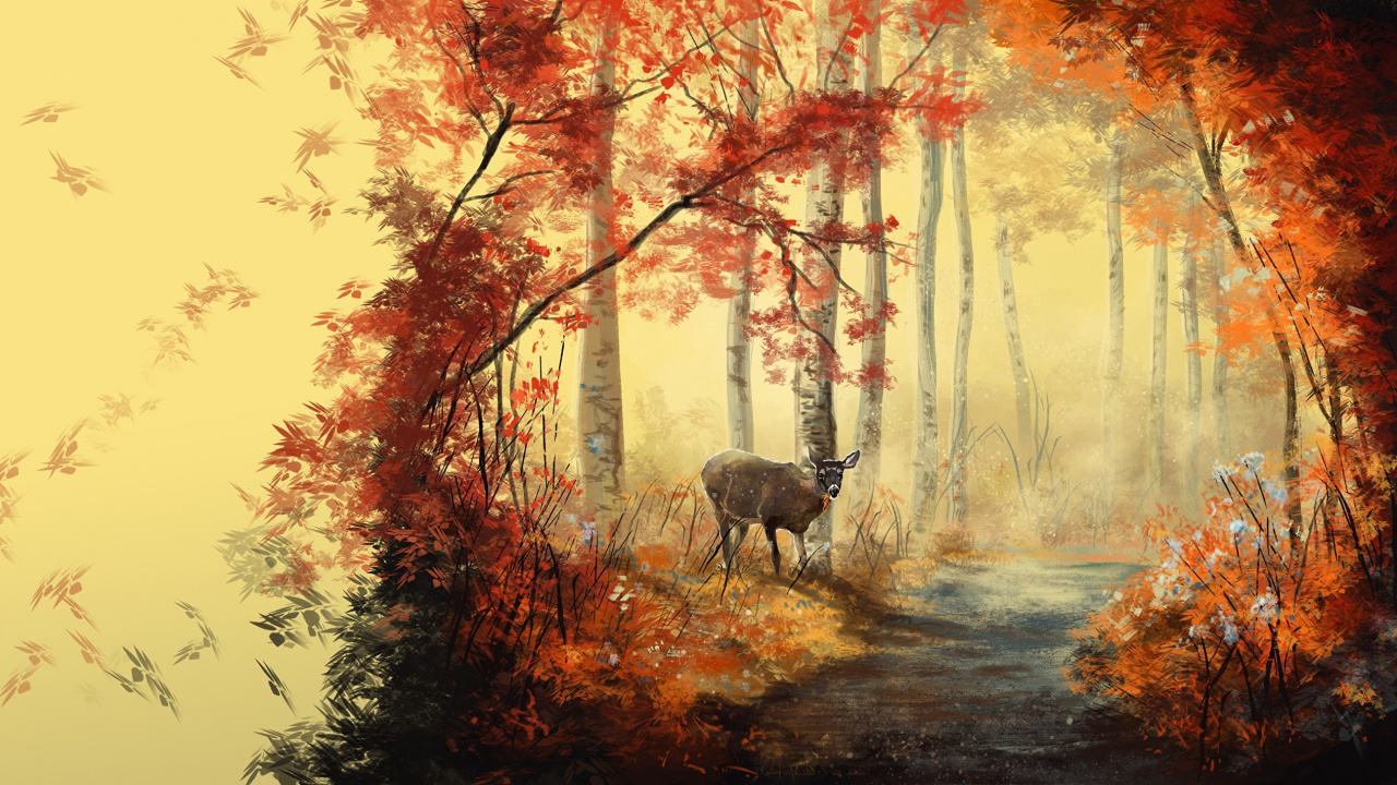 Обои живопись, лес, пейзажная живопись, арт, холст в разрешении 1280x720
