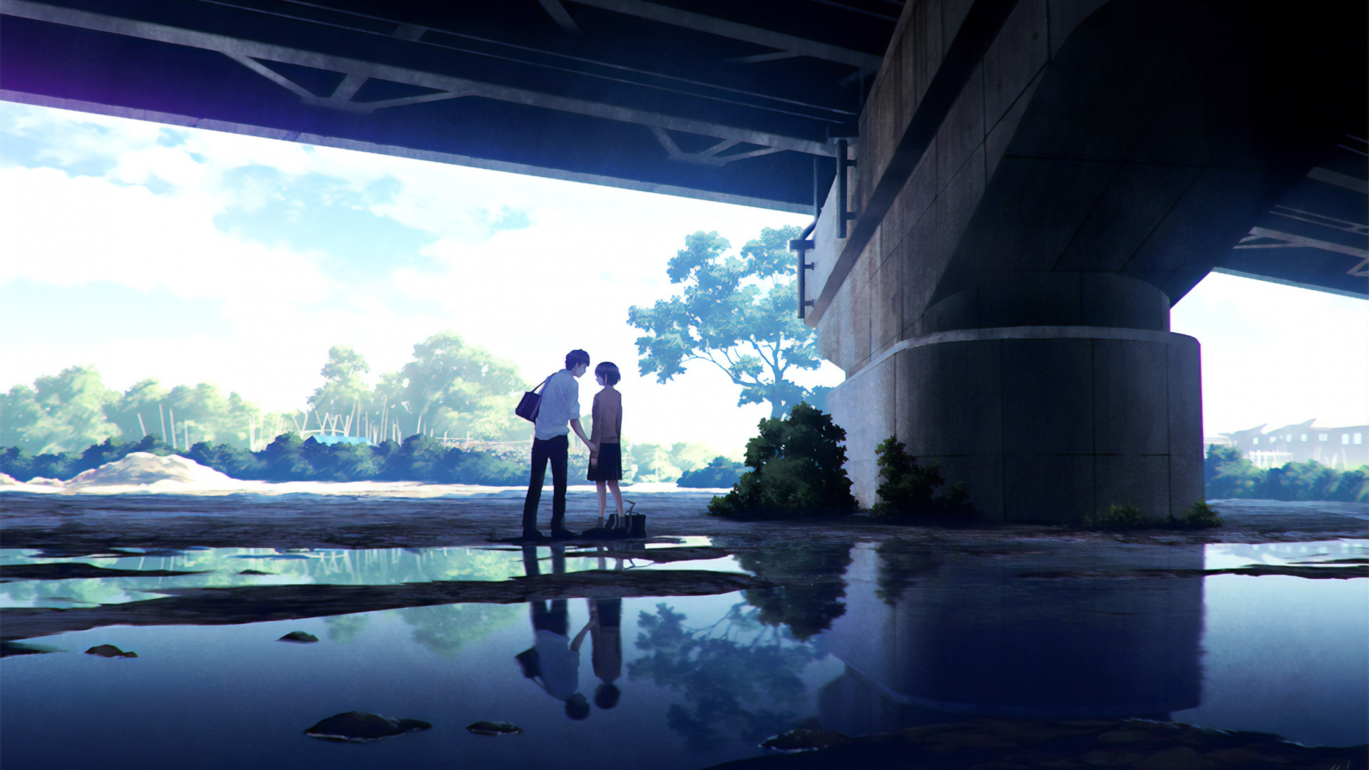 Обои аниме, вода, синий, отражение, свет в разрешении 1920x1080