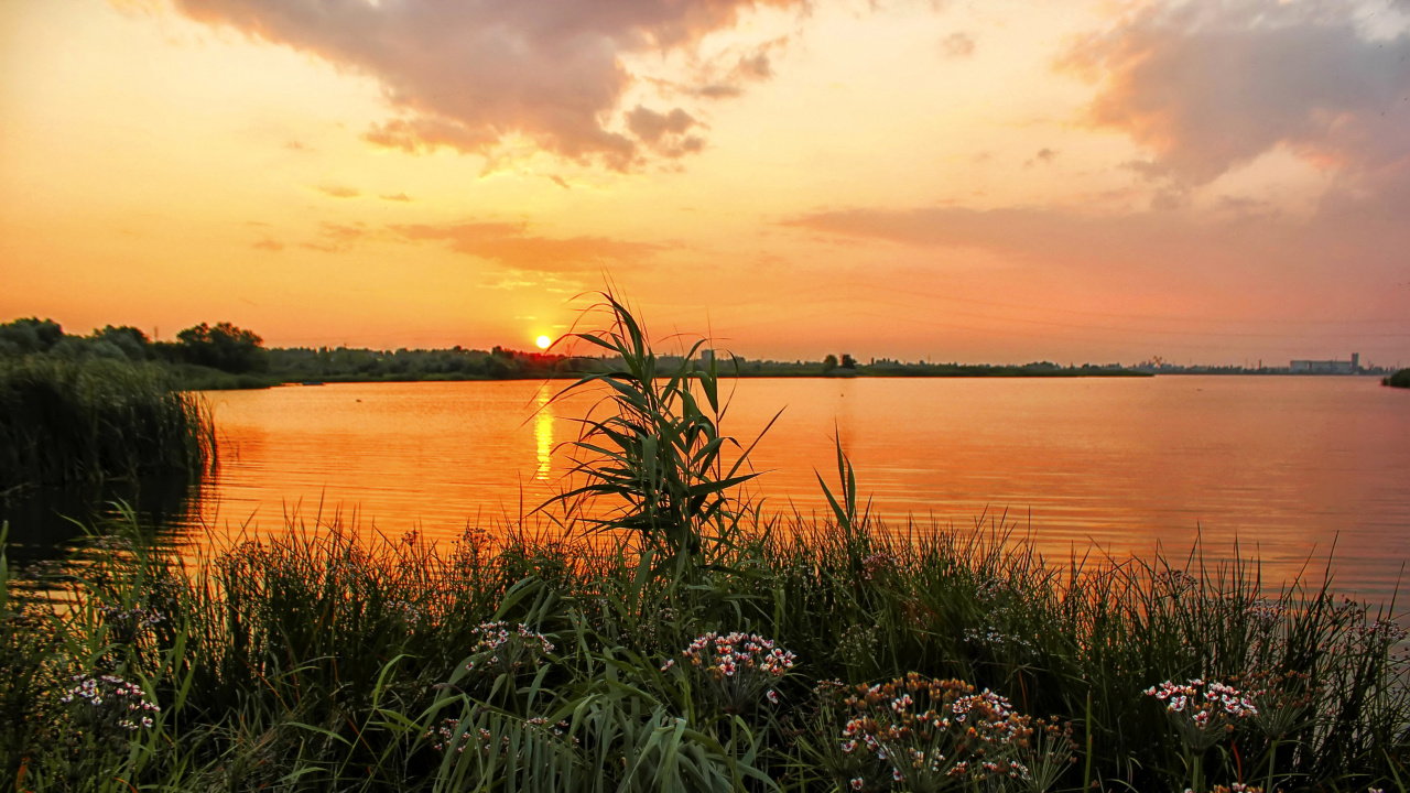 Обои природа, закат, вода, вечер, Банк в разрешении 1280x720