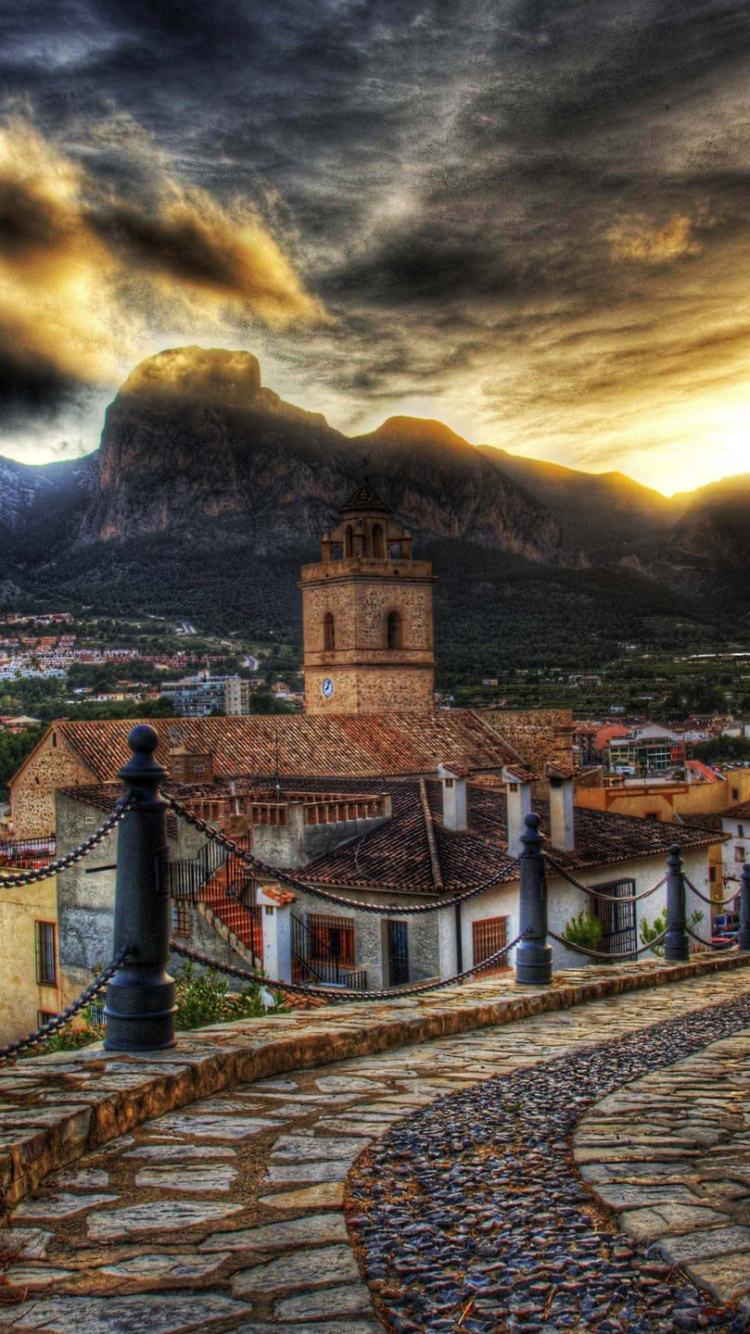 Обои облако, городок, вечер, закат, природа в разрешении 750x1334