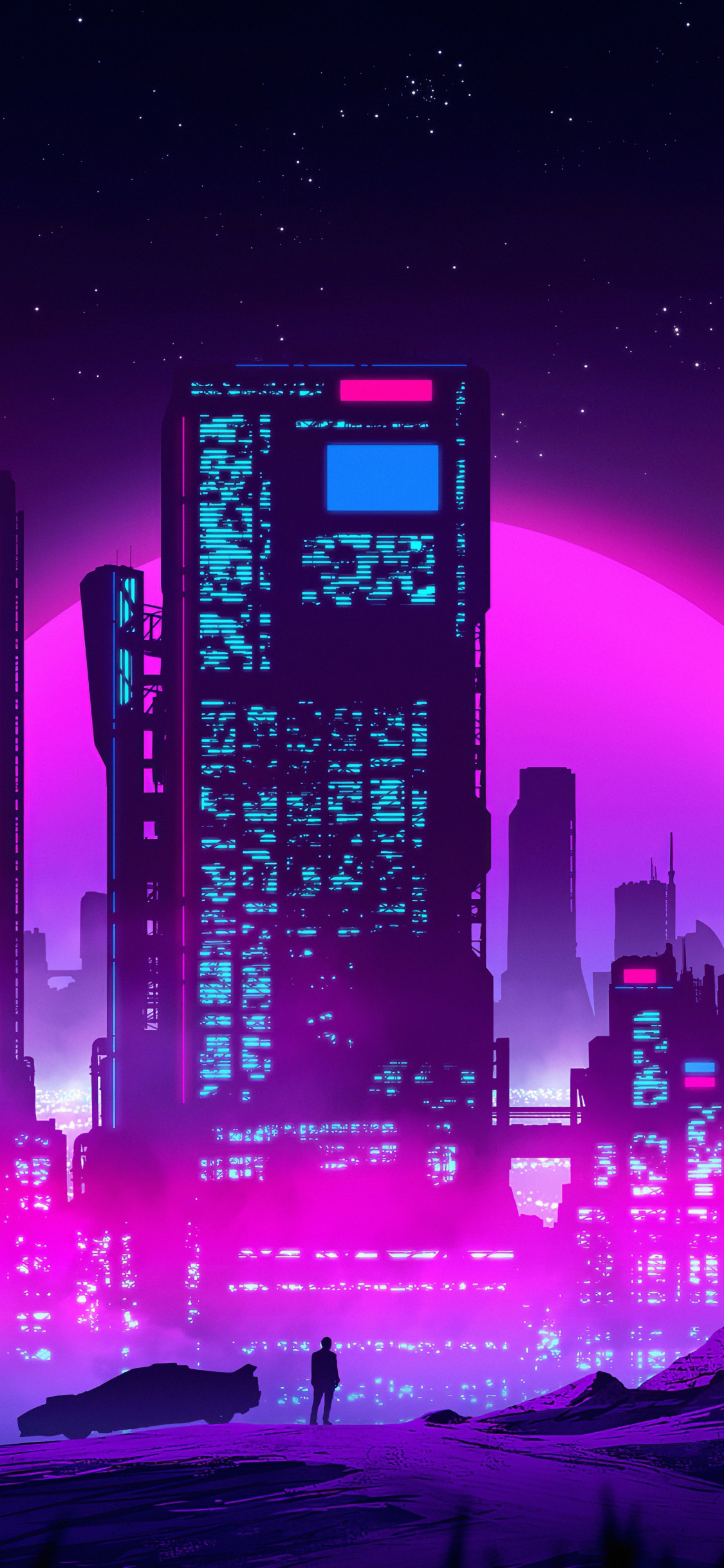 Обои Ретровейв, Synthwave, здание, небоскреб, атмосфера в разрешении 1125x2436