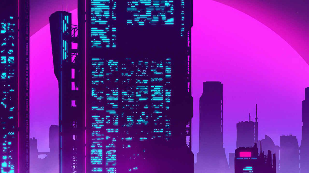 Обои Ретровейв, Synthwave, здание, небоскреб, атмосфера в разрешении 1280x720