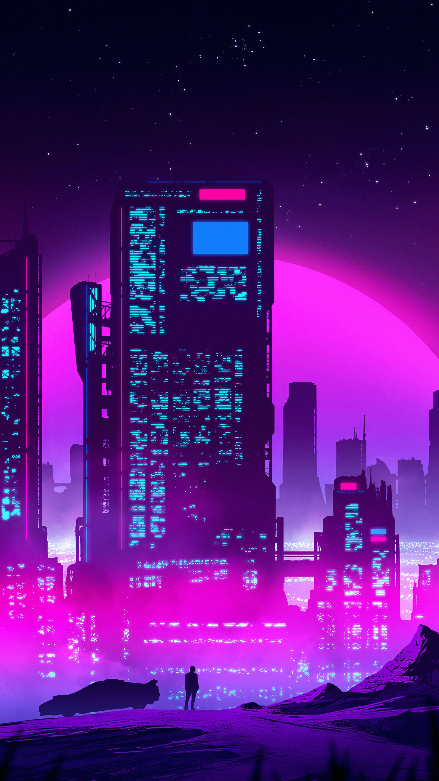 Обои Ретровейв, Synthwave, здание, небоскреб, атмосфера в разрешении 1440x2560