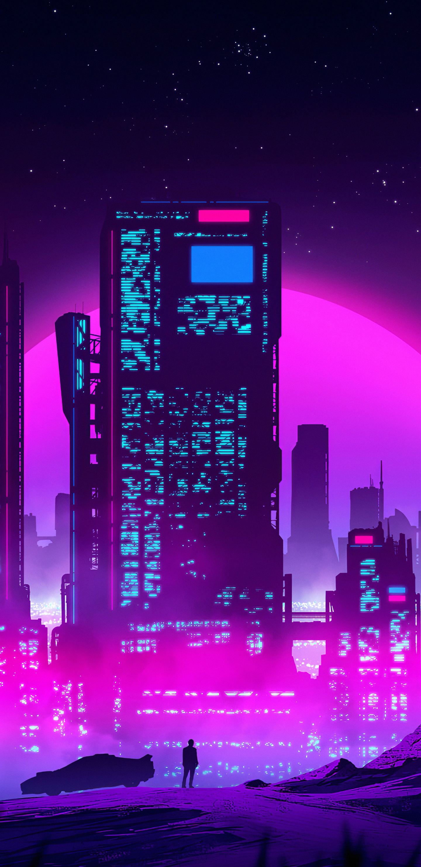 Обои Ретровейв, Synthwave, здание, небоскреб, атмосфера в разрешении 1440x2960