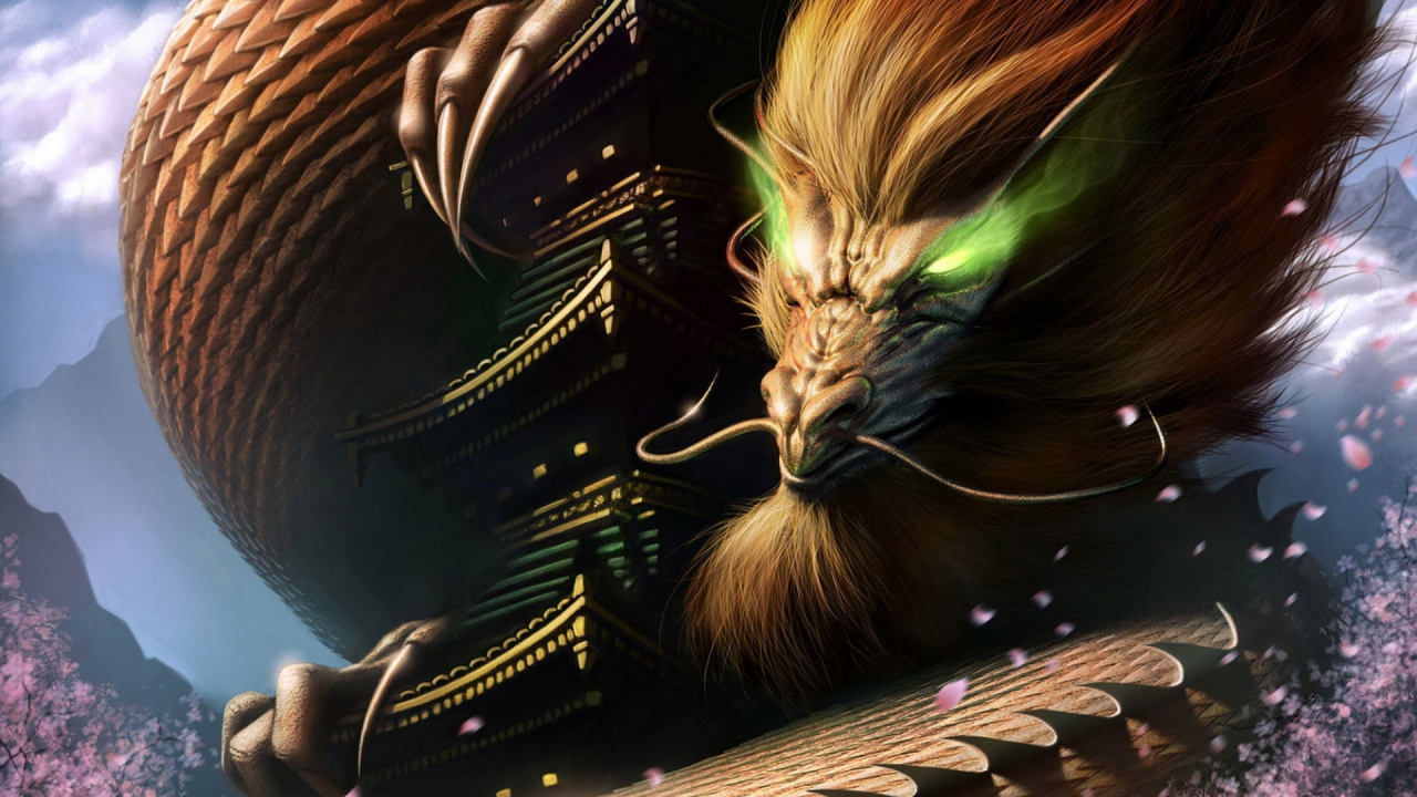 Обои дракон, иллюстрация, космос, крыша, пространство в разрешении 1280x720