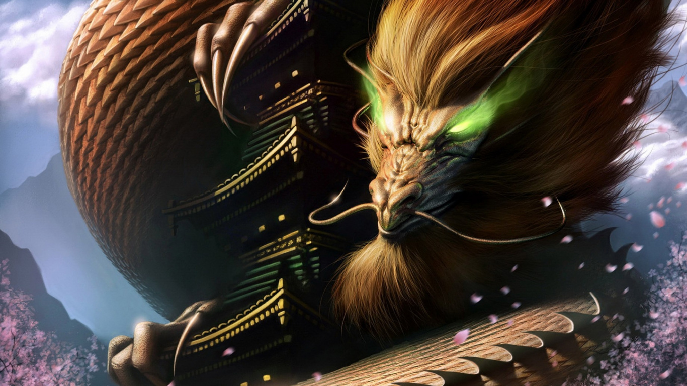 Обои дракон, иллюстрация, космос, крыша, пространство в разрешении 1366x768