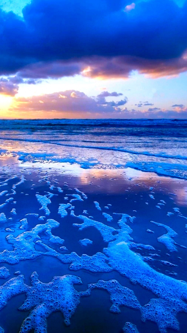 Обои закат, пляж, вода, синий, океан в разрешении 720x1280