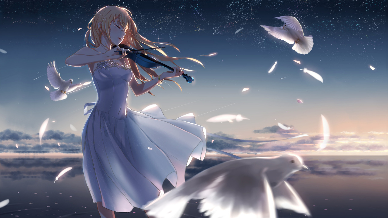 Обои аниме, космос, скрипка, вымышленный персонаж, музыка в разрешении 1280x720
