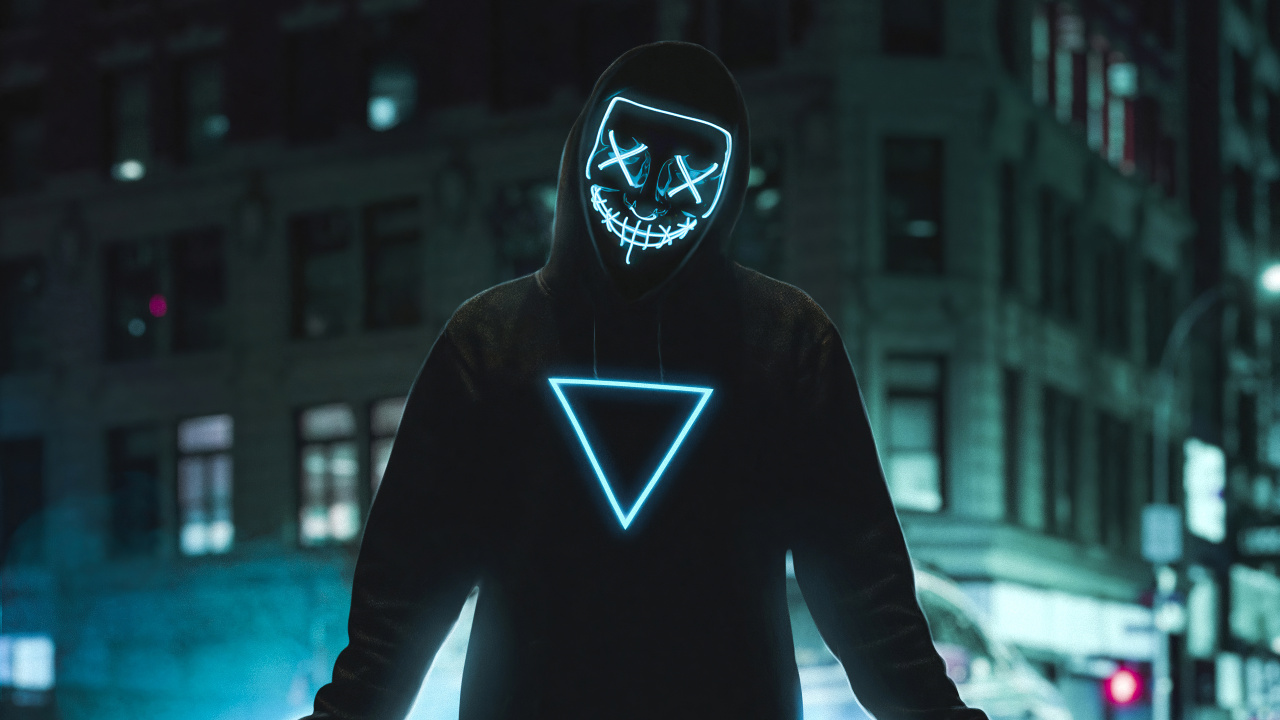 Обои свет, верхняя одежда, капюшон, темнота, неон в разрешении 1280x720