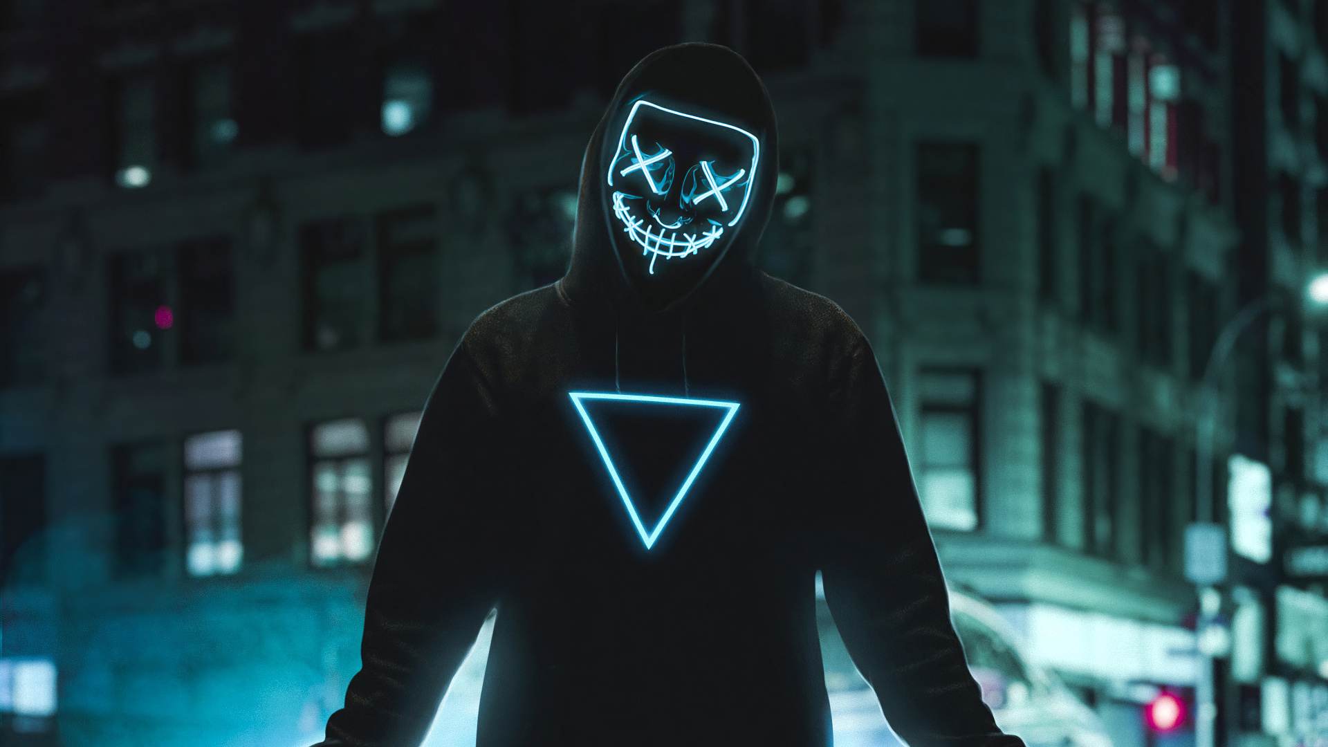 Обои свет, верхняя одежда, капюшон, темнота, неон в разрешении 1920x1080